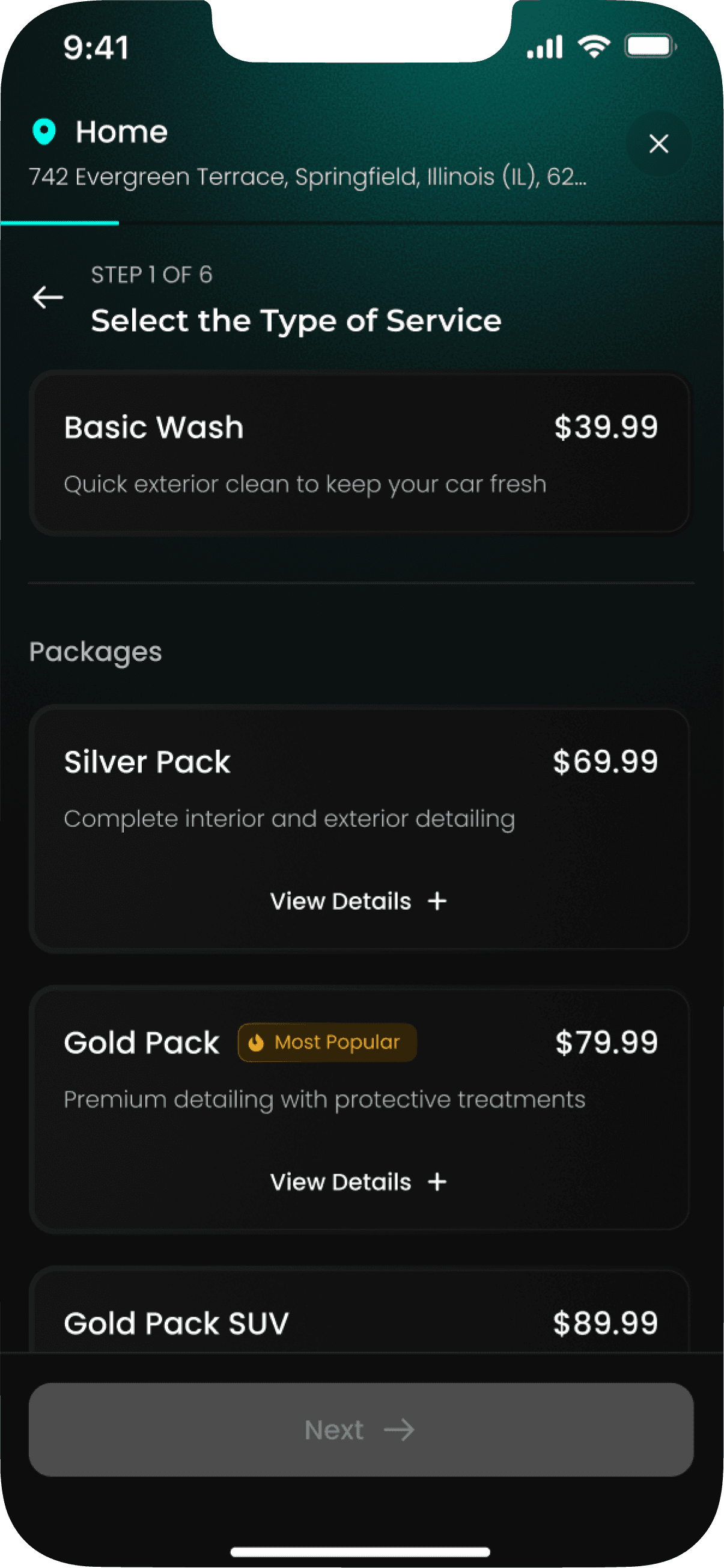 Washee app — selecting a service package